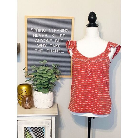Lucky Brand Red and White Textured Swiss Dots Ruffle Shoulder Tank - Size S - Picture 1 of 6